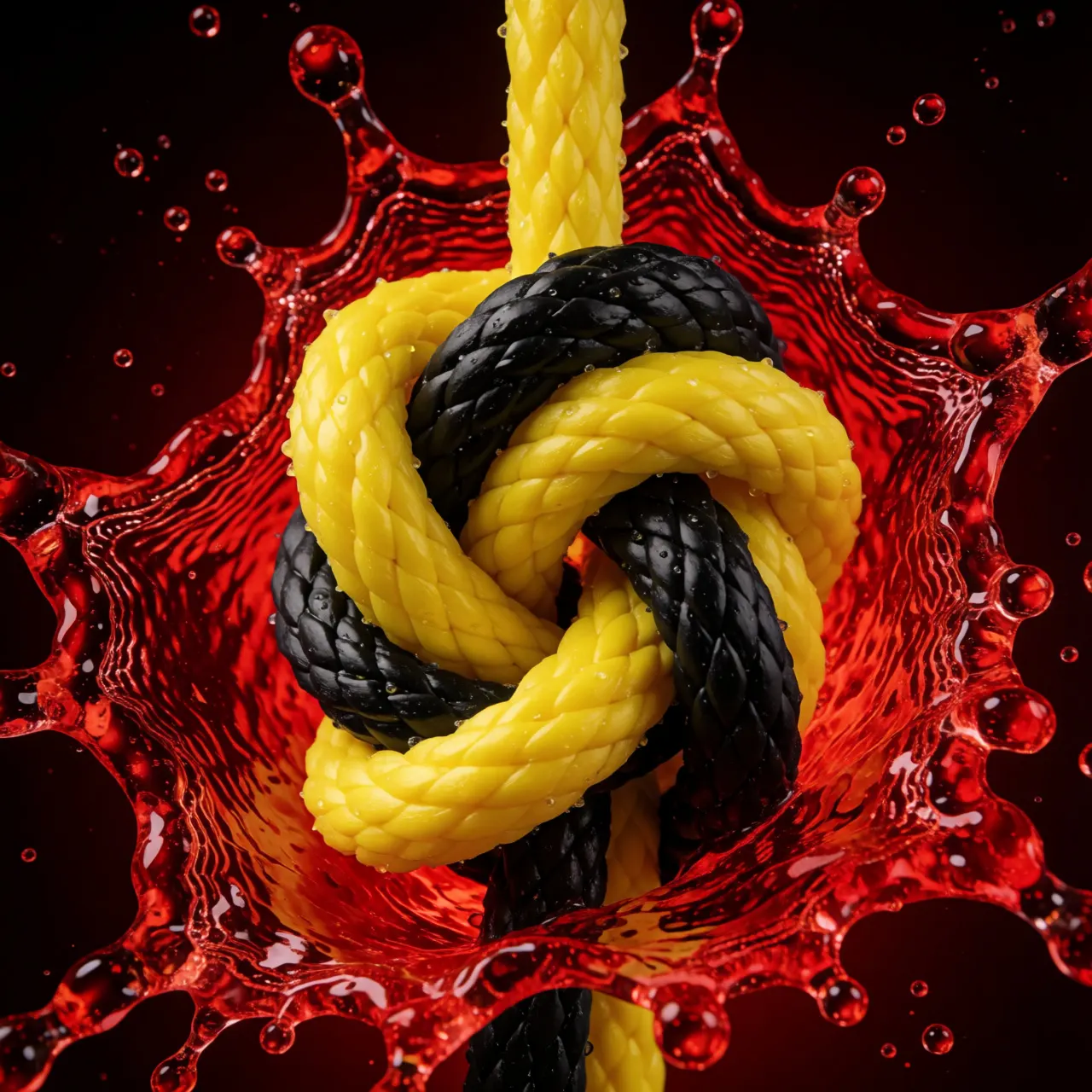 yellow and black colors, Award winning photo of a knot surrounded by turbulent splash of molten red wax, realistic photo
