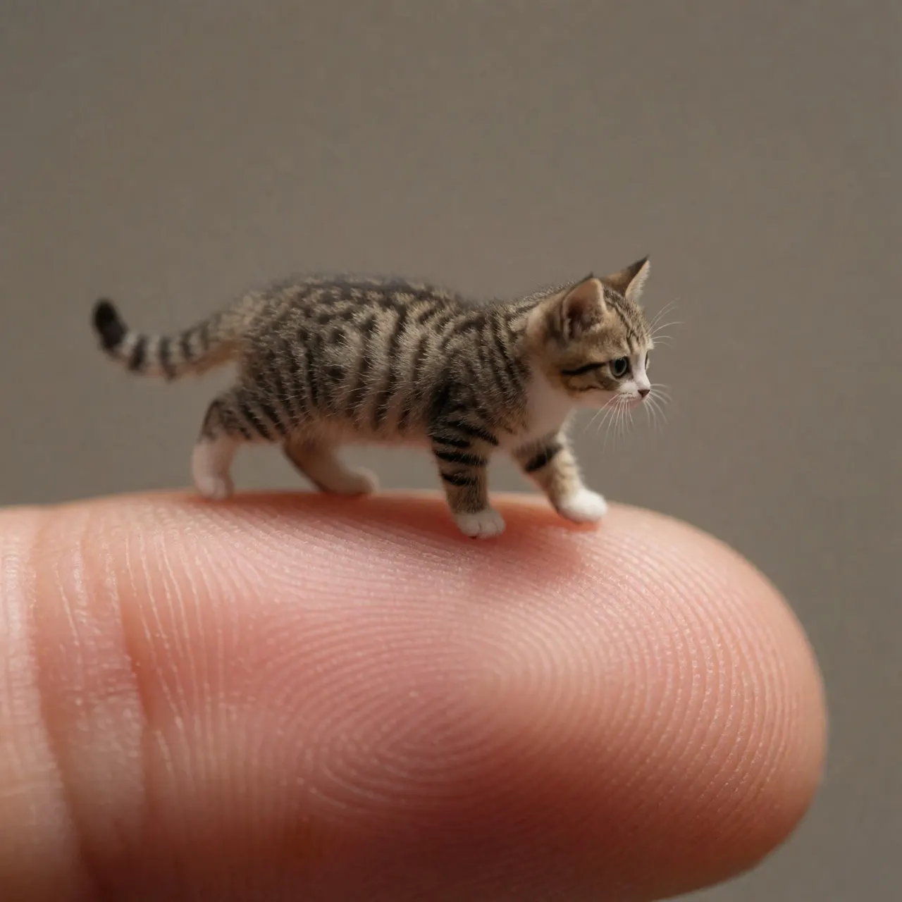 a microscopically tiny cat walking on a finger, realistic photo, zoomed