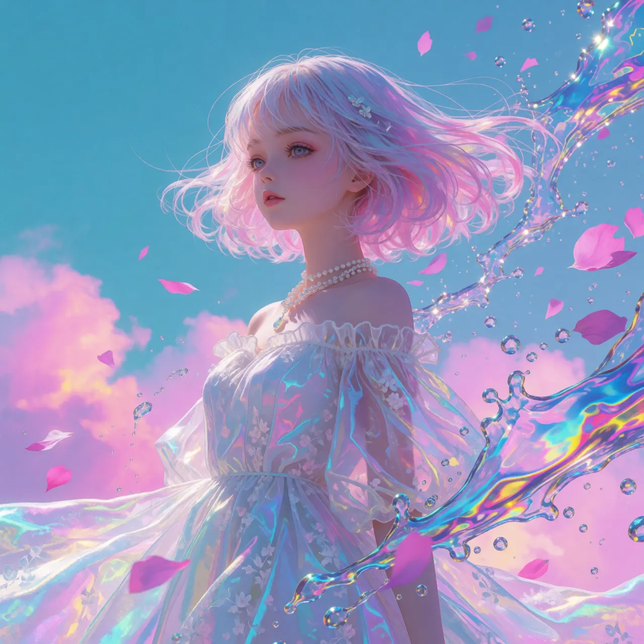 (masterpiece), (best quality), (ultra-detailed), (solo), 1girl, (extremely delicate and beautiful fabric), (beautiful detailed sky), beautiful details in the wind, flying splashes, flying petals, wind